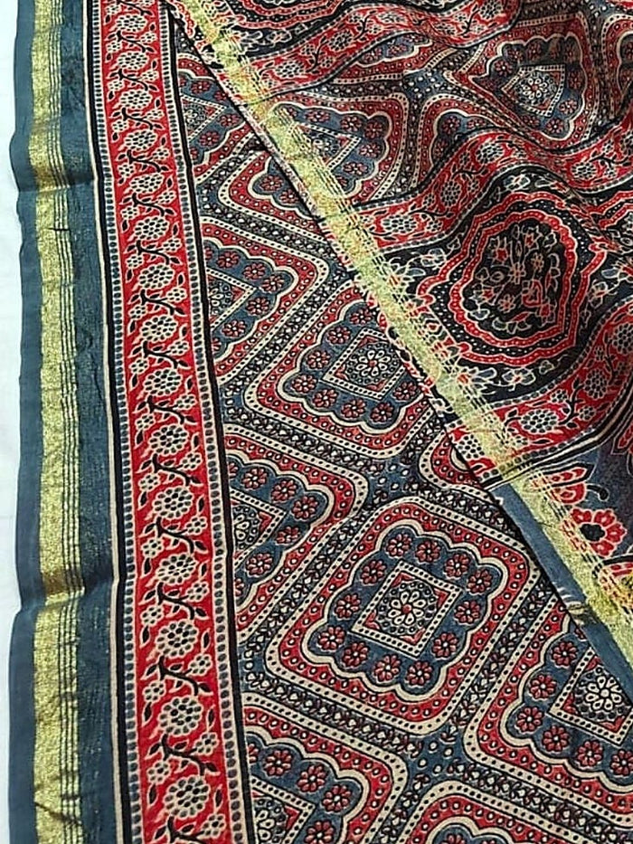 Indiehaat | Chanderi Silk Ajrakh Print Saree Multicolor