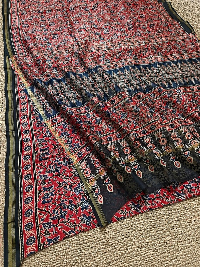 Indiehaat | Chanderi Silk Ajrakh Print Saree Red