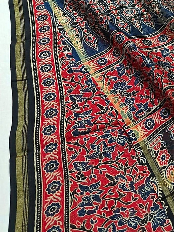 Indiehaat | Chanderi Silk Ajrakh Print Saree Red