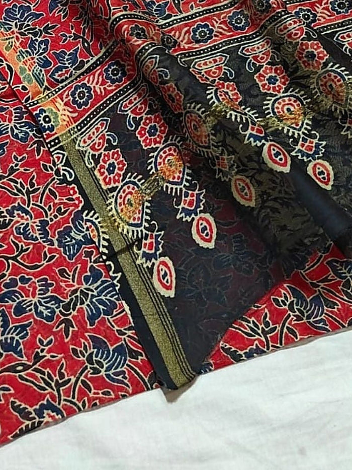 Indiehaat | Chanderi Silk Ajrakh Print Saree Red