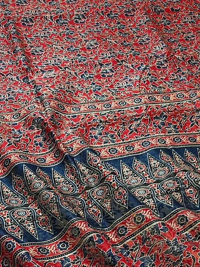 Indiehaat | Chanderi Silk Ajrakh Print Saree Red