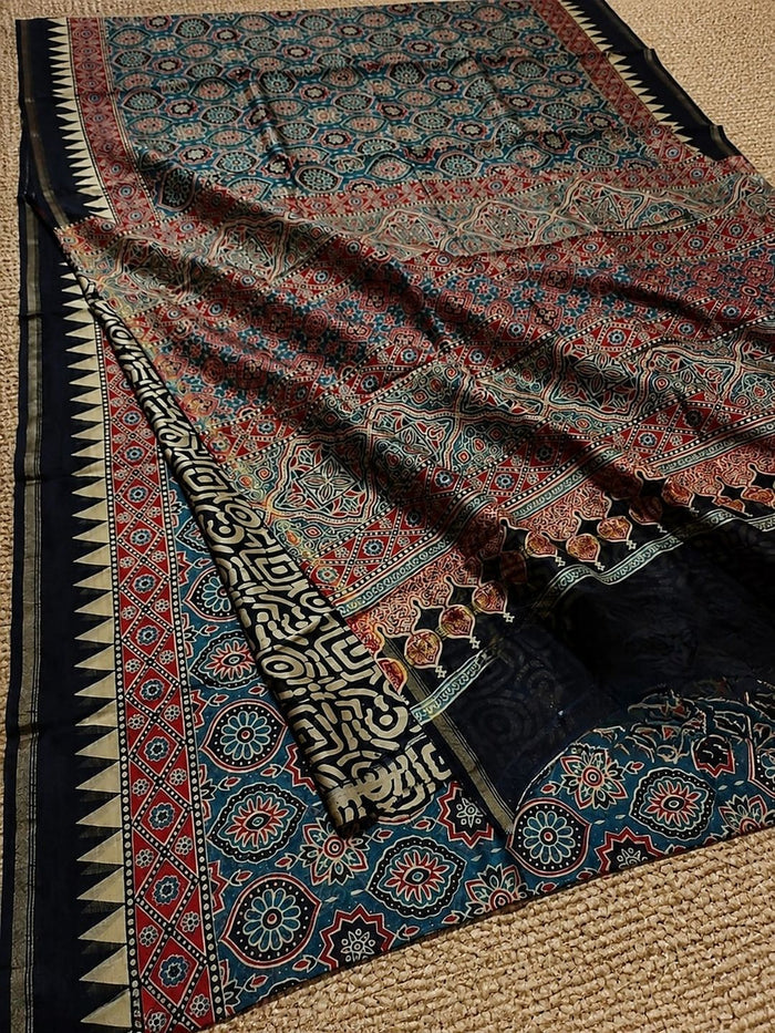 Indiehaat | Chanderi Silk Ajrakh Print Saree Blue