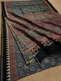 Indiehaat | Chanderi Silk Ajrakh Print Saree Blue