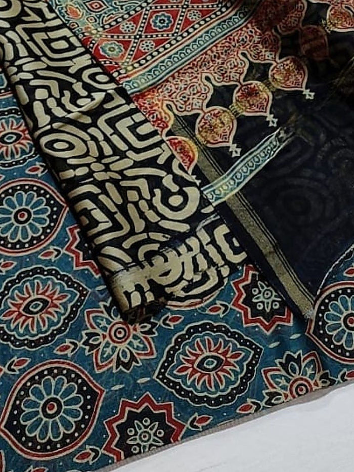 Indiehaat | Chanderi Silk Ajrakh Print Saree Blue