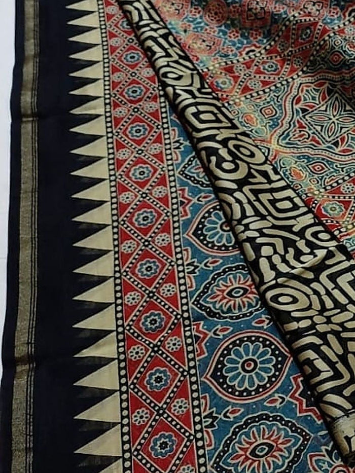 Indiehaat | Chanderi Silk Ajrakh Print Saree Blue