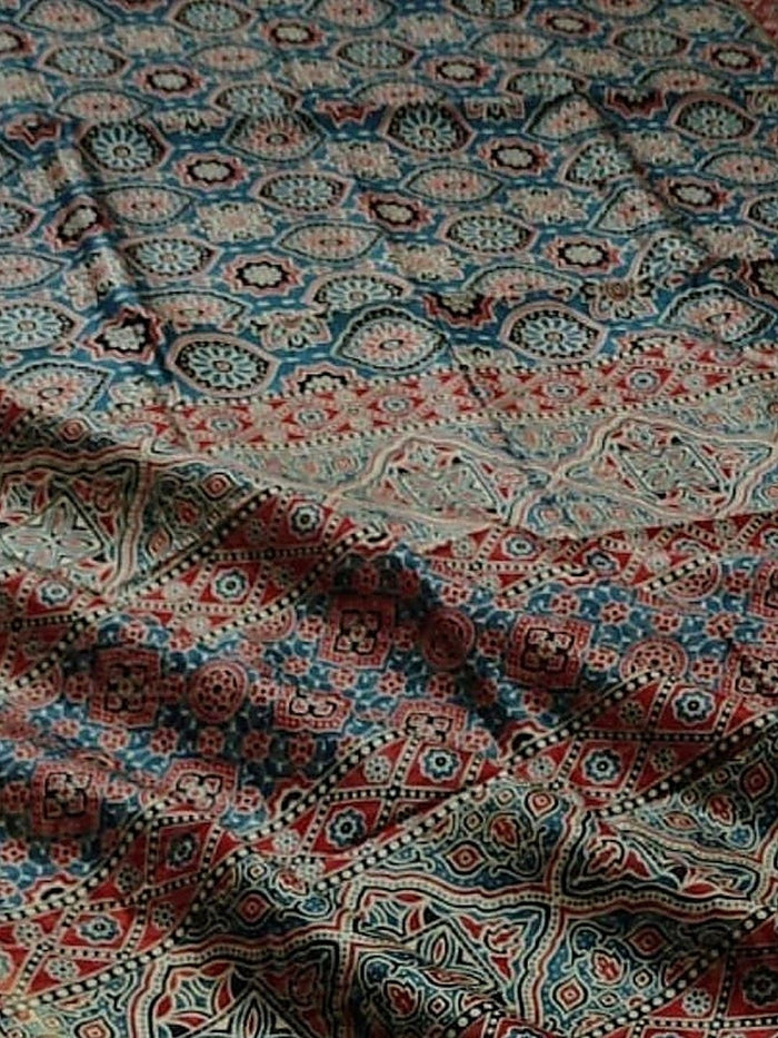 Indiehaat | Chanderi Silk Ajrakh Print Saree Blue