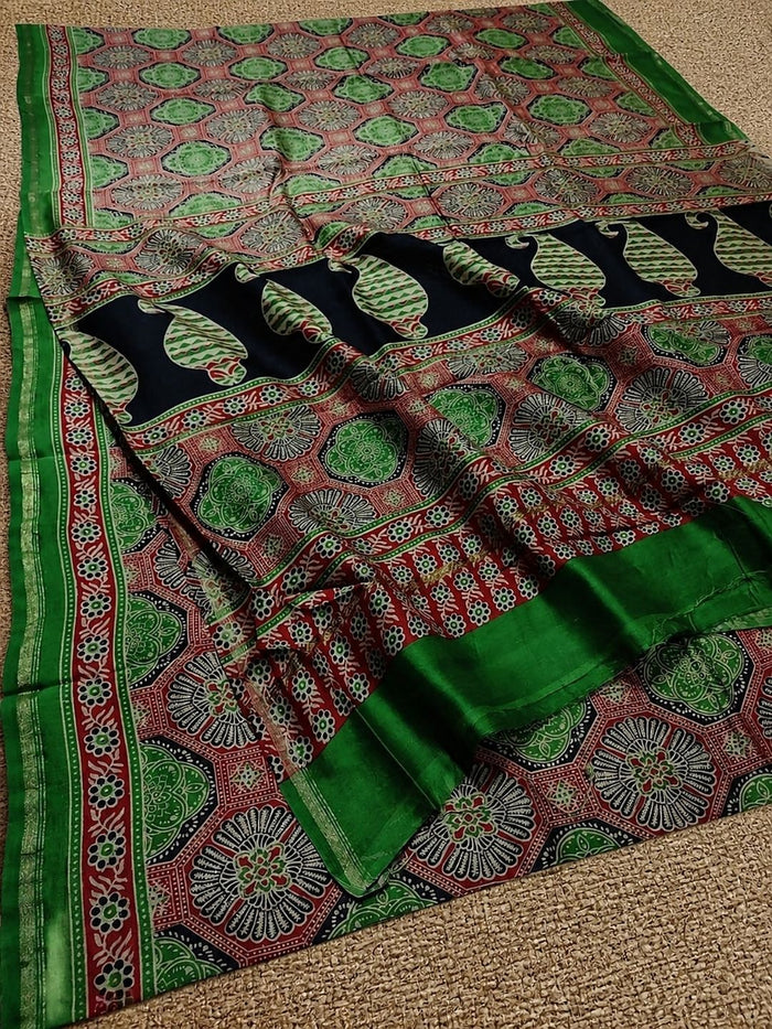 Indiehaat | Chanderi Silk Ajrakh Print Saree Green