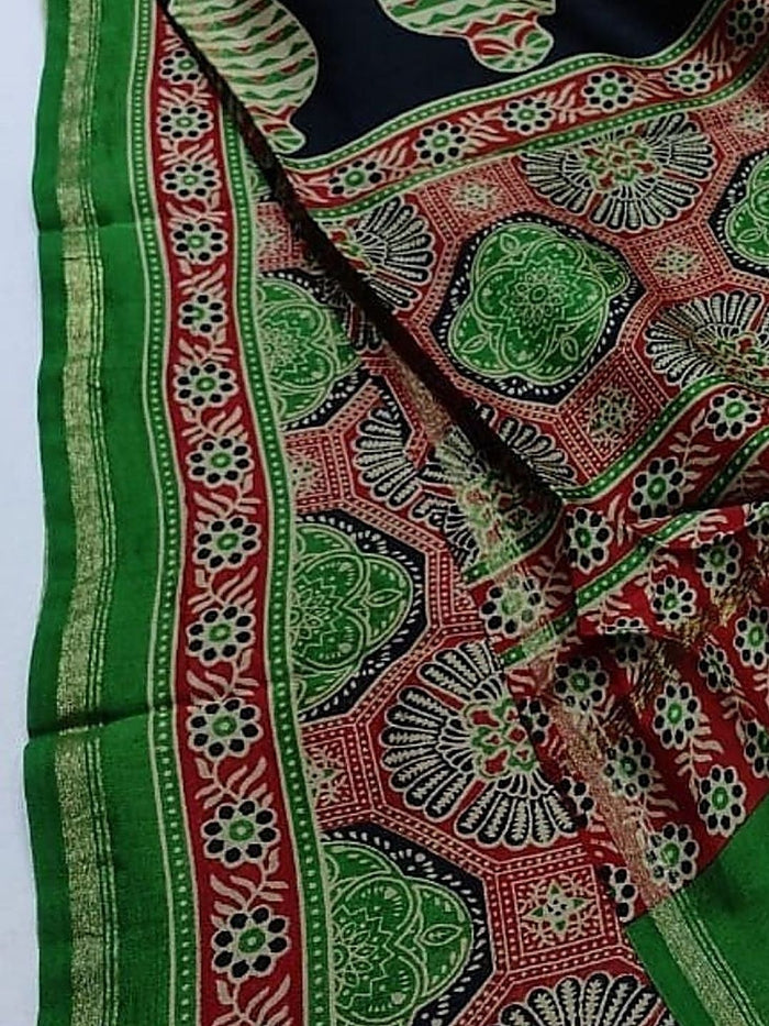 Indiehaat | Chanderi Silk Ajrakh Print Saree Green