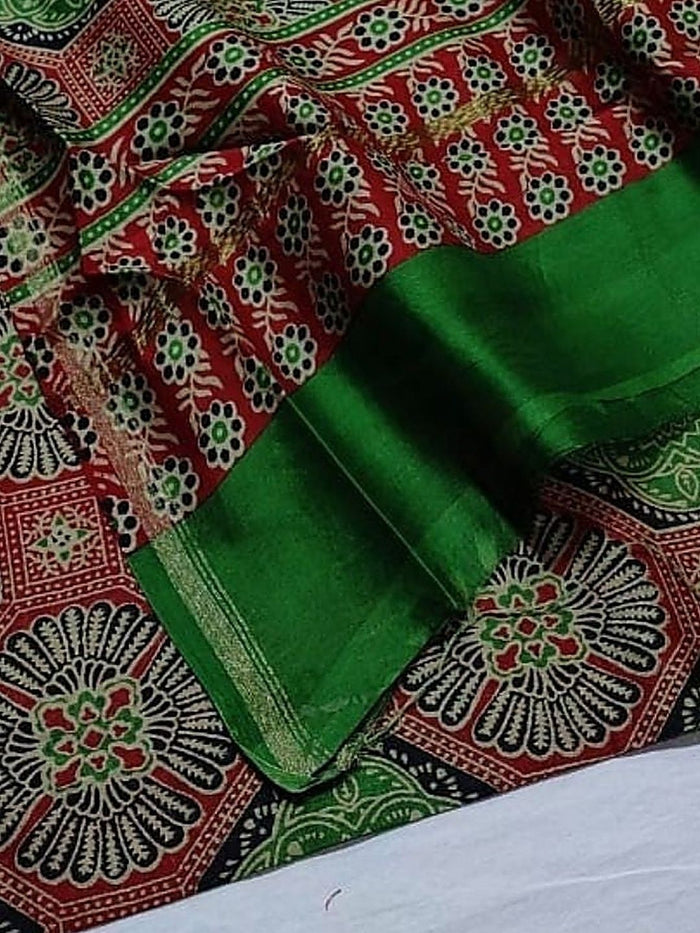 Indiehaat | Chanderi Silk Ajrakh Print Saree Green