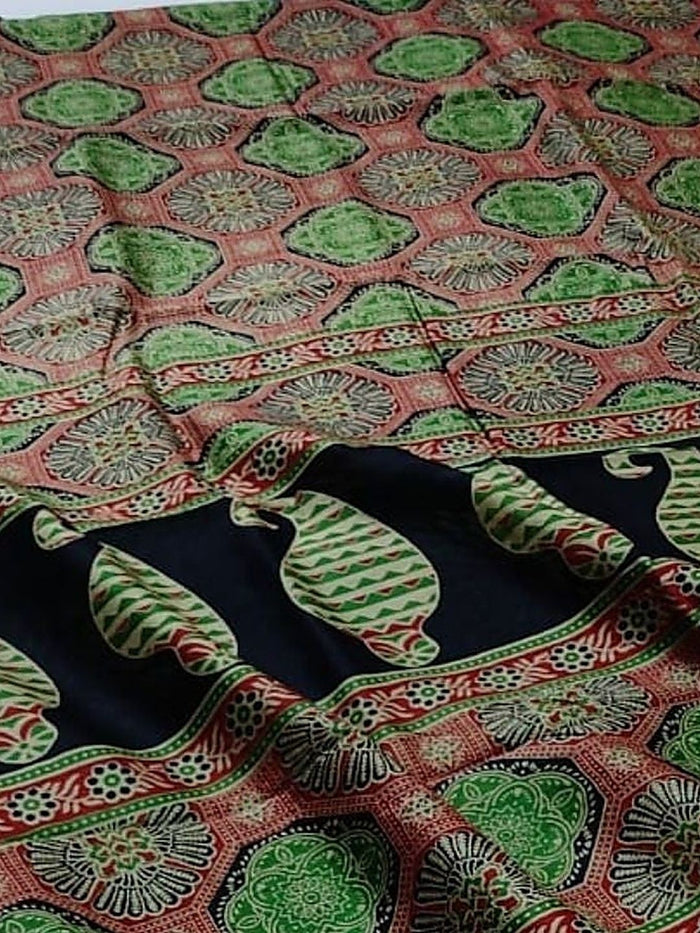 Indiehaat | Chanderi Silk Ajrakh Print Saree Green