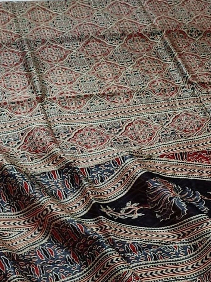 Indiehaat | Chanderi Silk Ajrakh Print Saree Multicolor