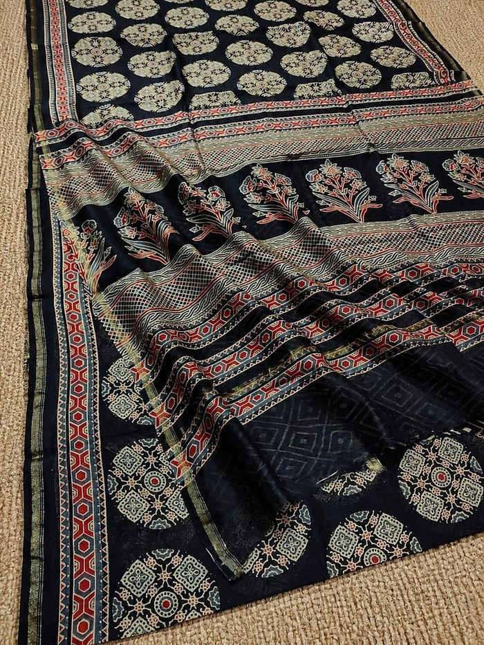 Indiehaat | Chanderi Silk Ajrakh Print Saree Black