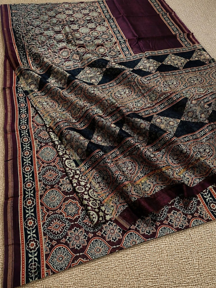 Indiehaat | Chanderi Silk Ajrakh Print Saree Red