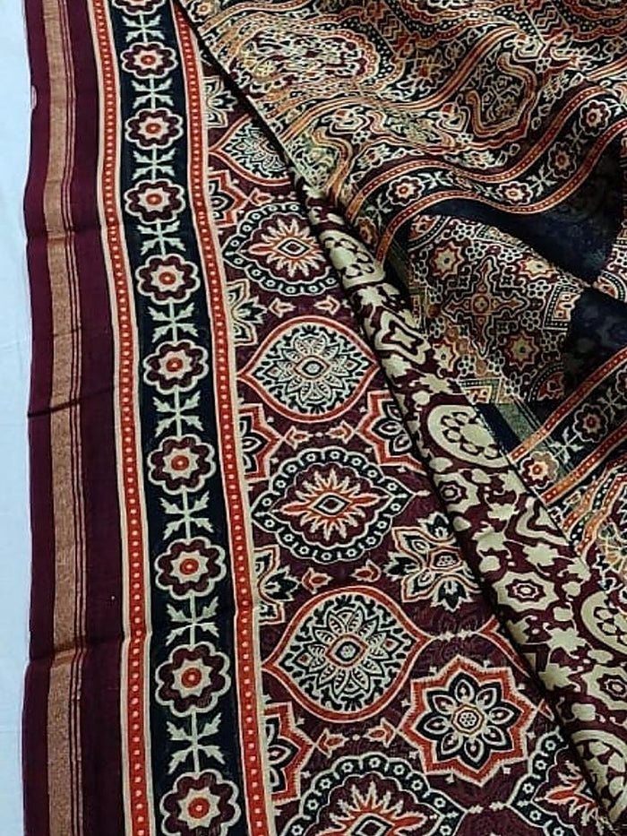 Indiehaat | Chanderi Silk Ajrakh Print Saree Red