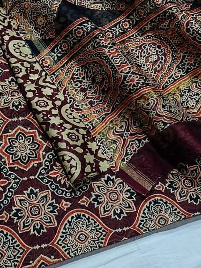 Indiehaat | Chanderi Silk Ajrakh Print Saree Red
