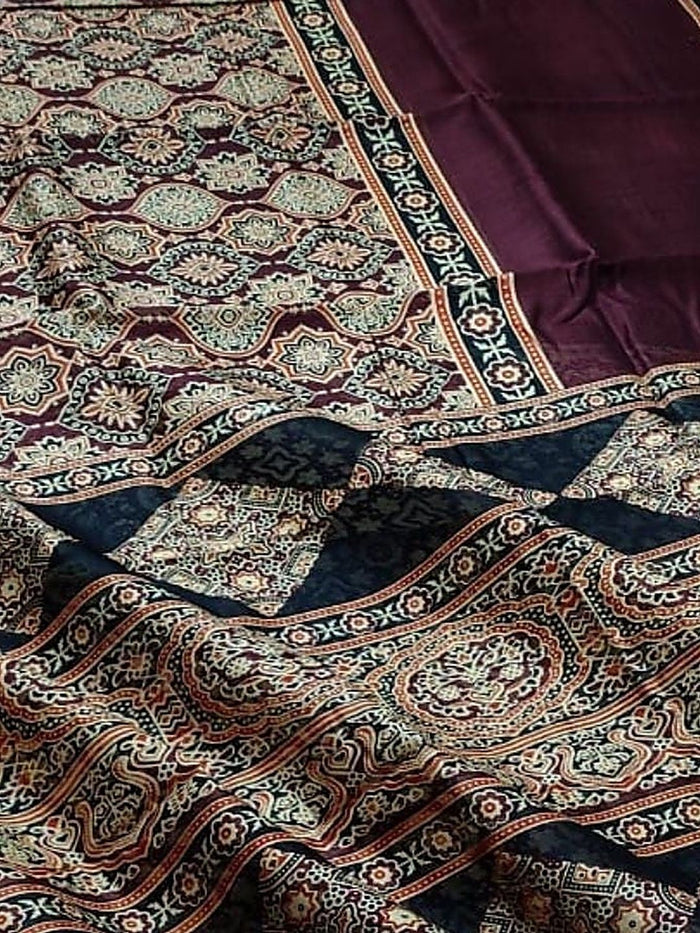 Indiehaat | Chanderi Silk Ajrakh Print Saree Red