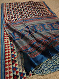 Indiehaat | Chanderi Silk Ajrakh Print Saree Beige