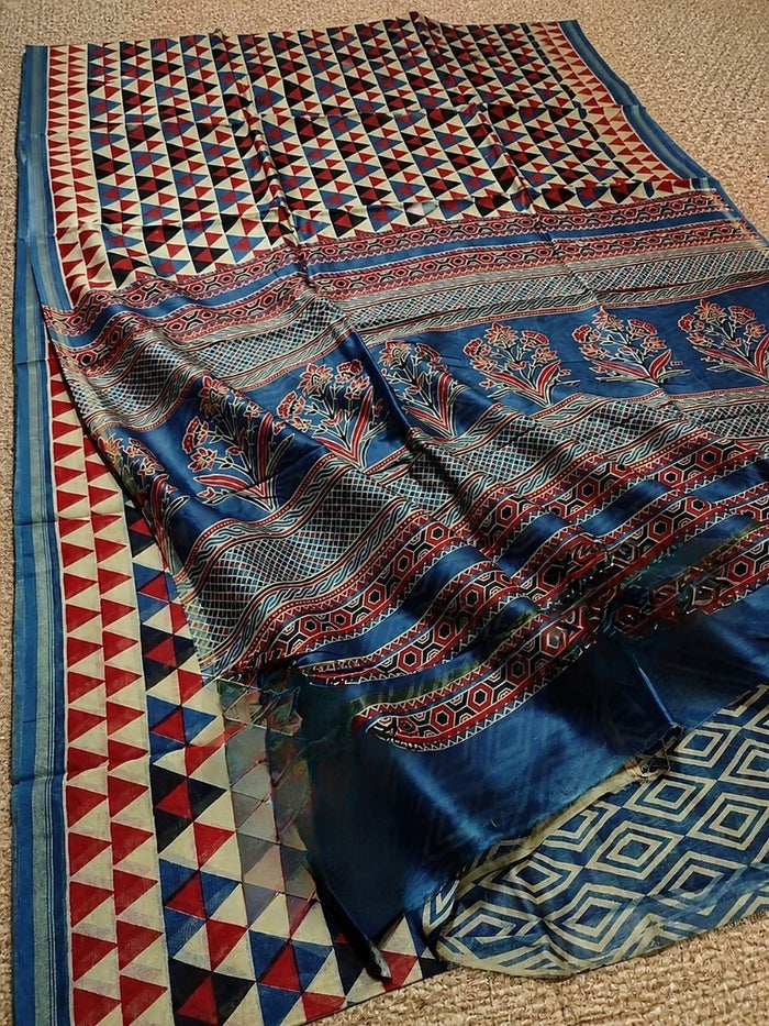 Indiehaat | Chanderi Silk Ajrakh Print Saree Beige