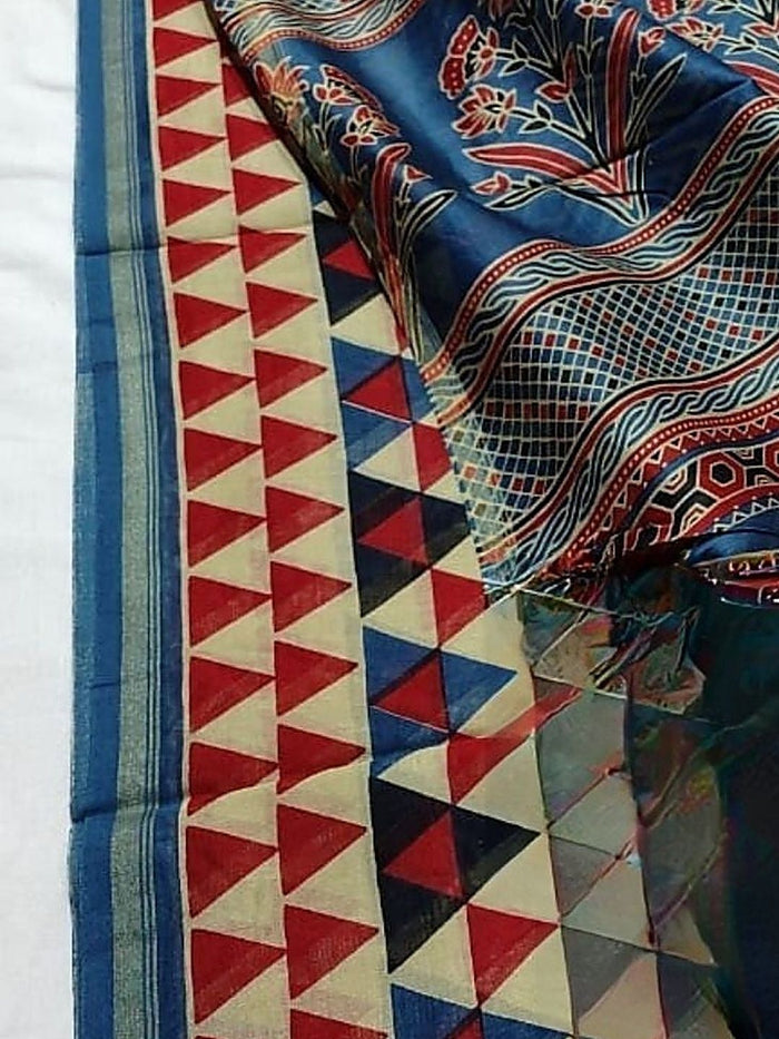 Indiehaat | Chanderi Silk Ajrakh Print Saree Beige