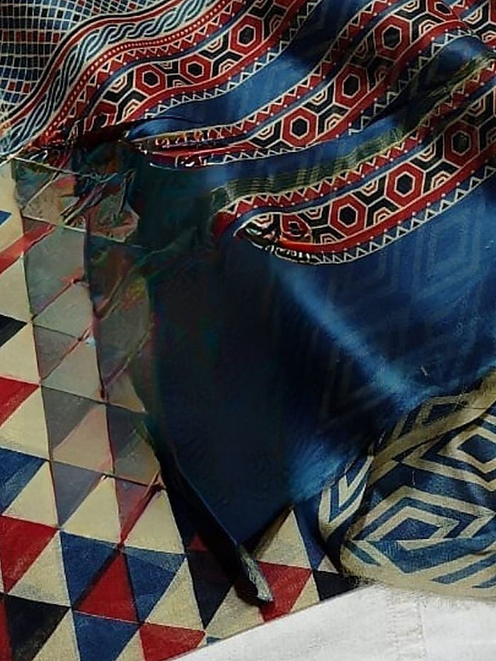 Indiehaat | Chanderi Silk Ajrakh Print Saree Beige
