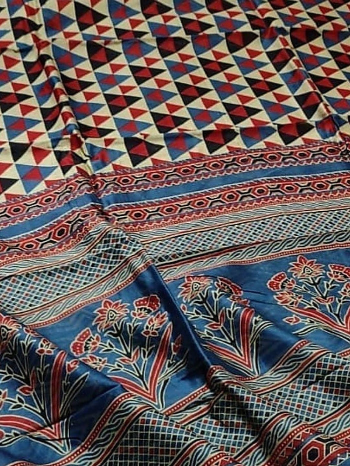 Indiehaat | Chanderi Silk Ajrakh Print Saree Beige