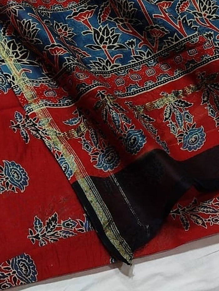 Indiehaat | Chanderi Silk Ajrakh Print Saree Red