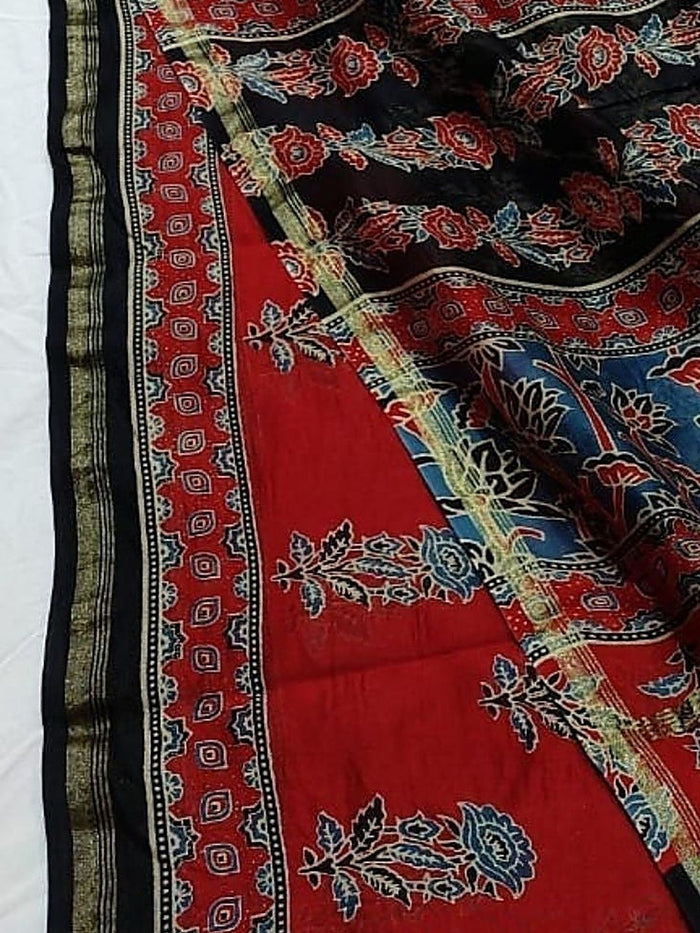 Indiehaat | Chanderi Silk Ajrakh Print Saree Red