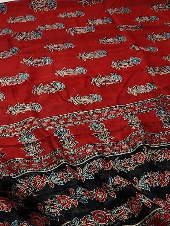 Indiehaat | Chanderi Silk Ajrakh Print Saree Red
