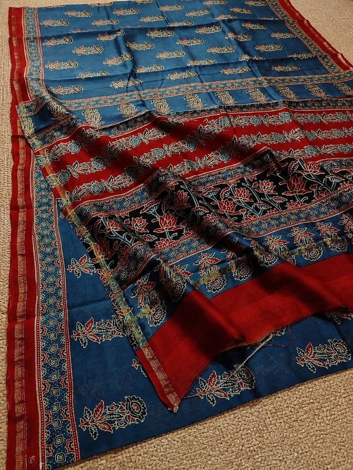 Indiehaat | Chanderi Silk Ajrakh Print Saree Blue
