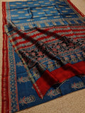 Indiehaat | Chanderi Silk Ajrakh Print Saree Blue