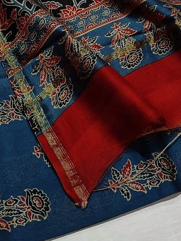 Indiehaat | Chanderi Silk Ajrakh Print Saree Blue