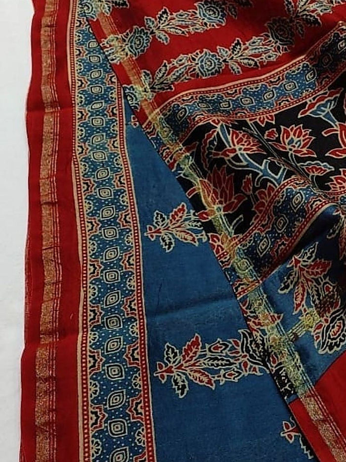 Indiehaat | Chanderi Silk Ajrakh Print Saree Blue