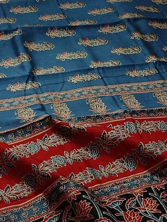 Indiehaat | Chanderi Silk Ajrakh Print Saree Blue