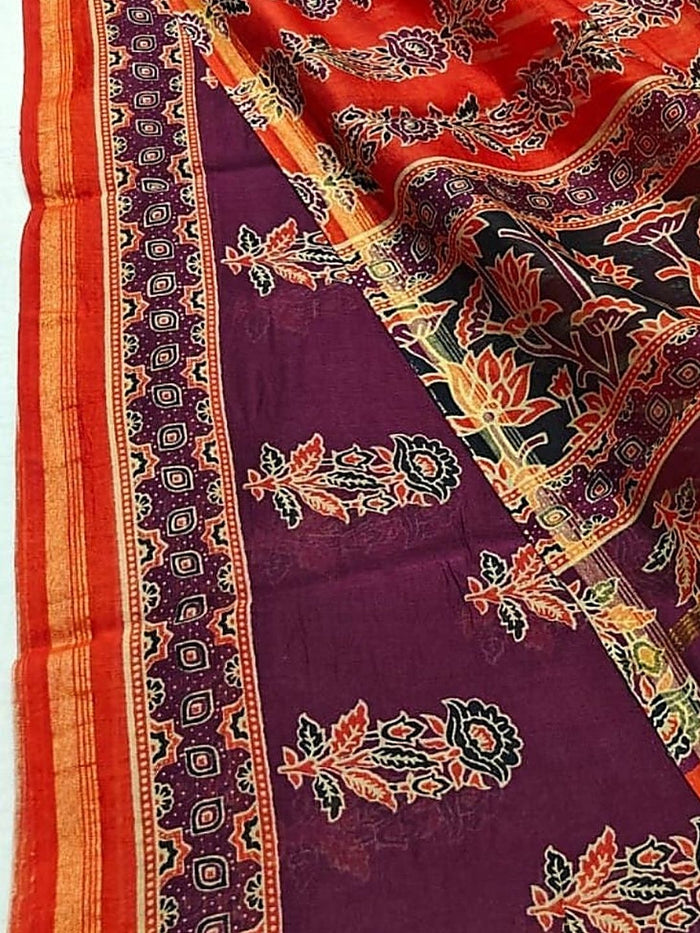 Indiehaat | Chanderi Silk Ajrakh Print Saree Purple