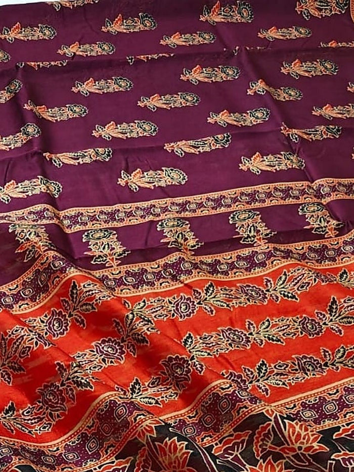 Indiehaat | Chanderi Silk Ajrakh Print Saree Purple