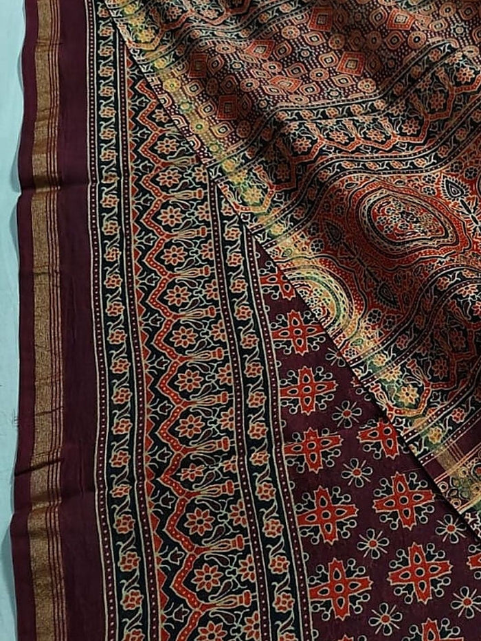 Indiehaat | Chanderi Silk Ajrakh Print Saree Red