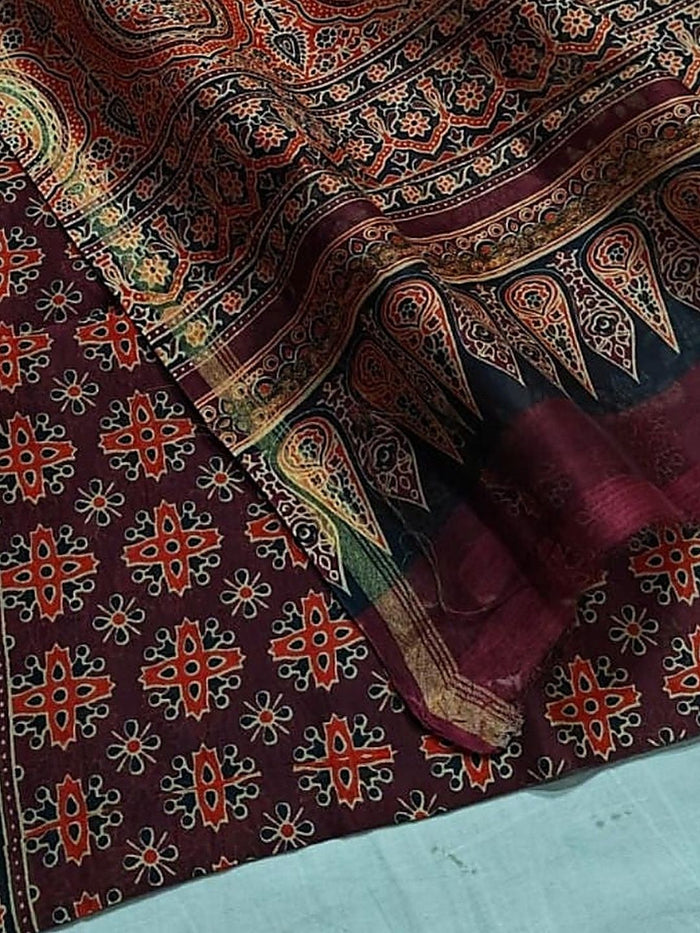 Indiehaat | Chanderi Silk Ajrakh Print Saree Red