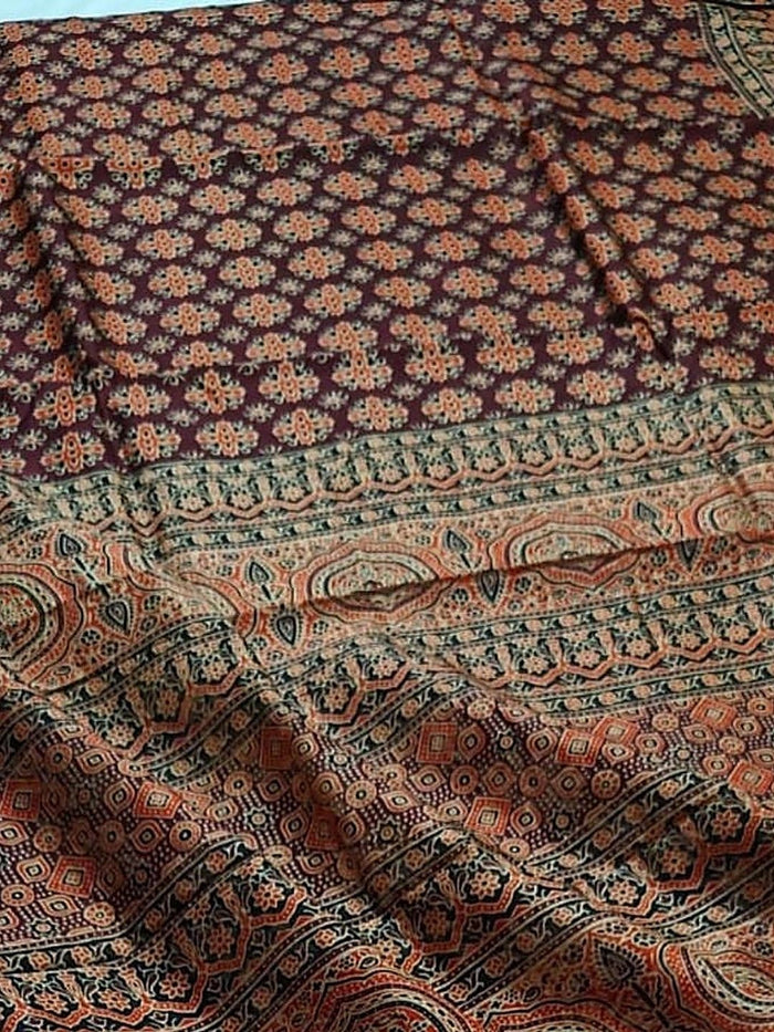 Indiehaat | Chanderi Silk Ajrakh Print Saree Red