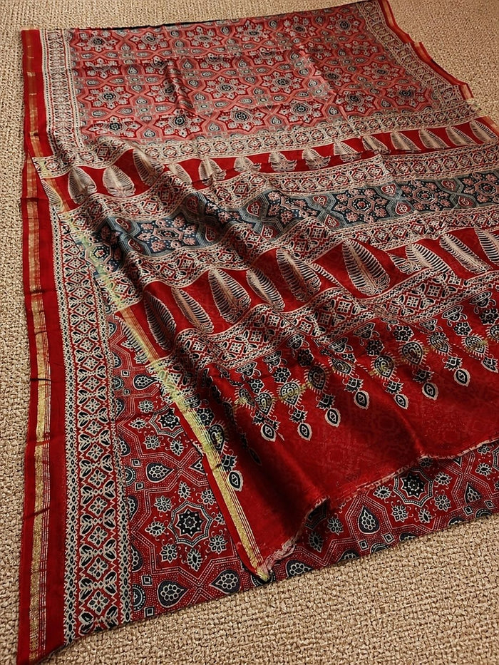 Indiehaat | Chanderi Silk Ajrakh Print Saree Red