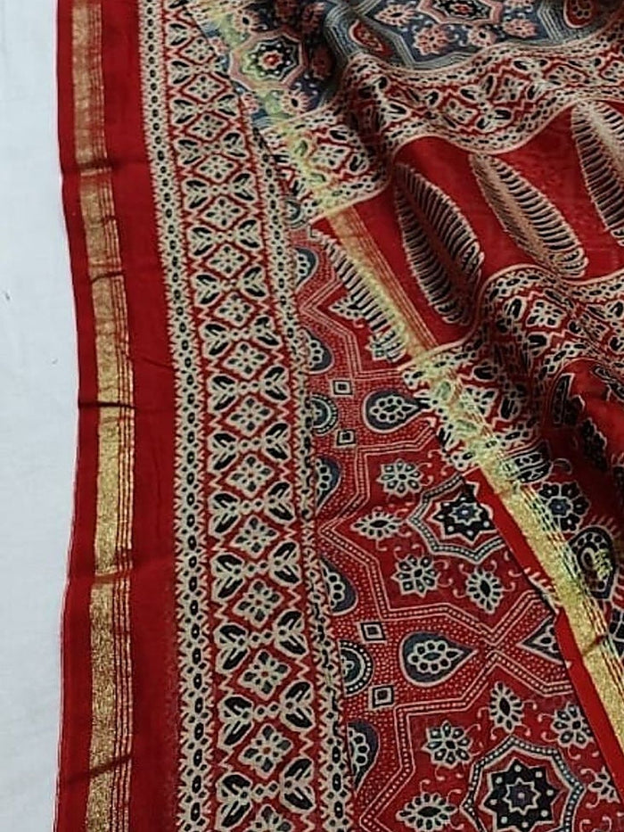 Indiehaat | Chanderi Silk Ajrakh Print Saree Red