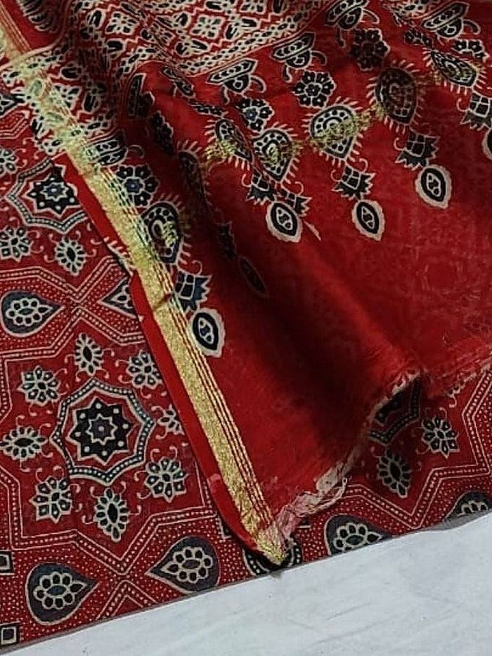 Indiehaat | Chanderi Silk Ajrakh Print Saree Red