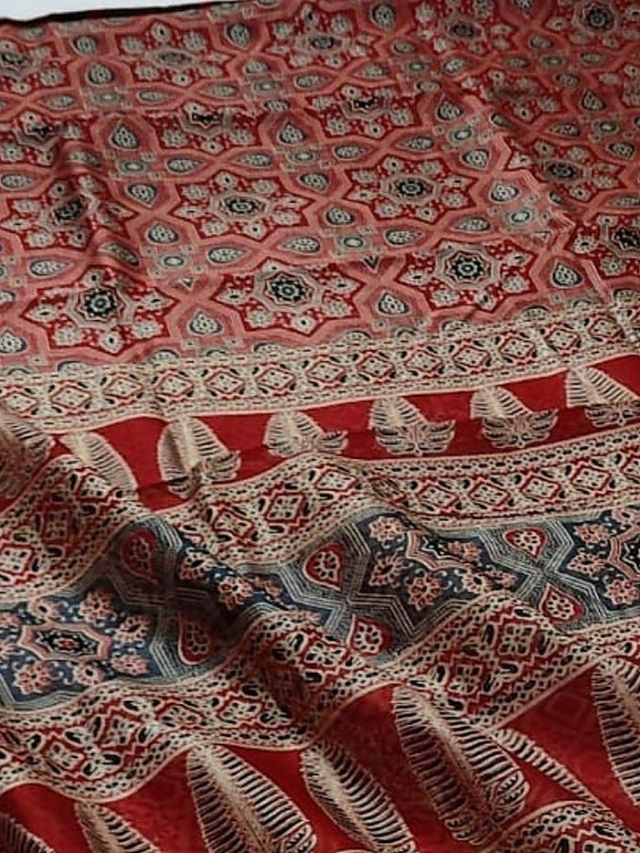 Indiehaat | Chanderi Silk Ajrakh Print Saree Red