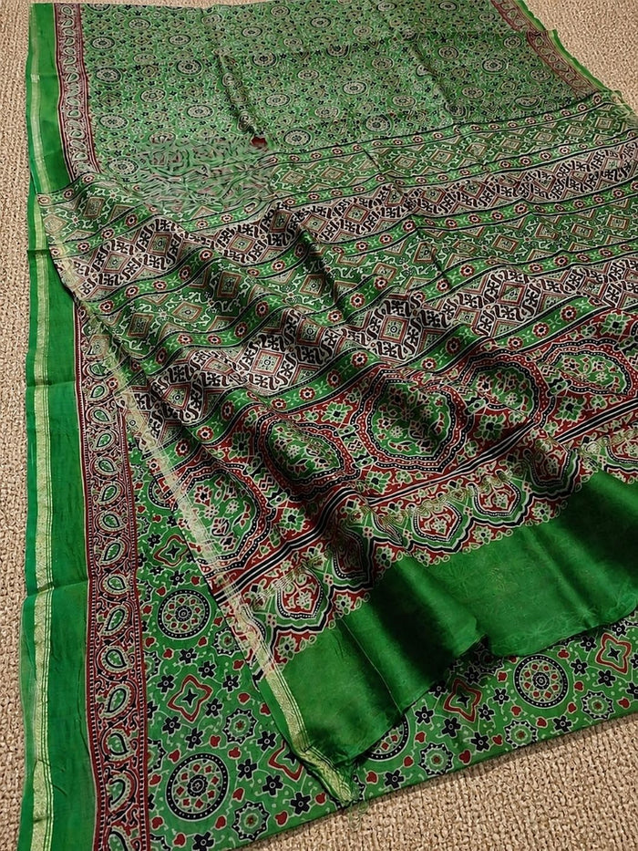 Indiehaat | Chanderi Silk Ajrakh Print Saree Green