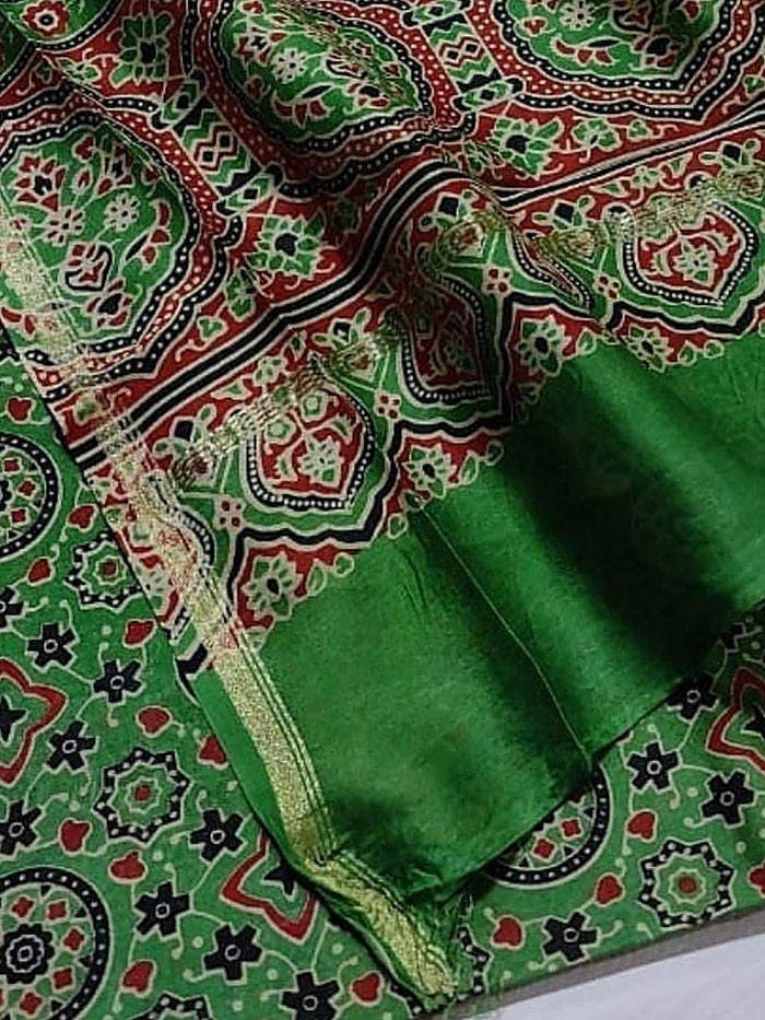 Indiehaat | Chanderi Silk Ajrakh Print Saree Green
