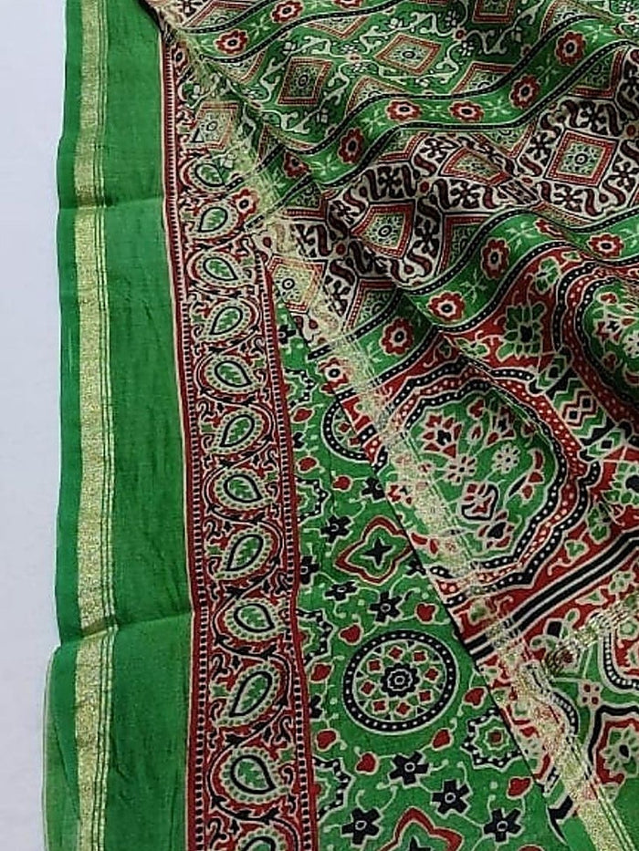 Indiehaat | Chanderi Silk Ajrakh Print Saree Green