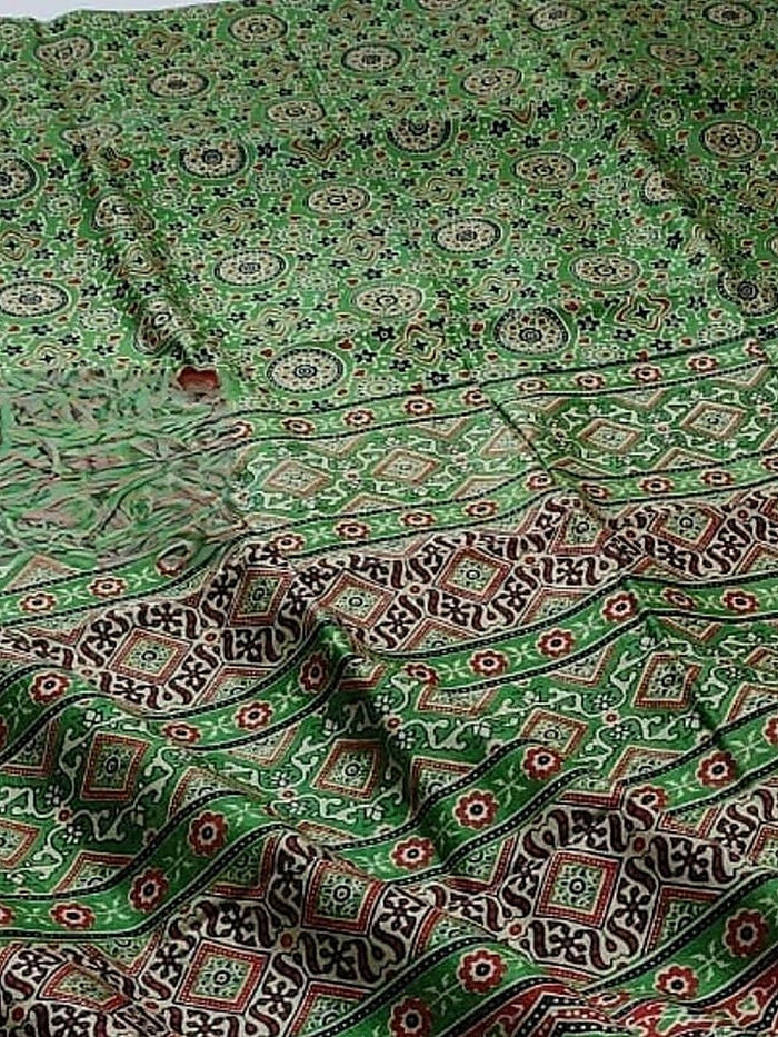 Indiehaat | Chanderi Silk Ajrakh Print Saree Green