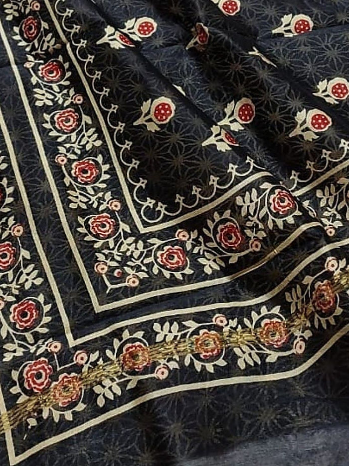Indiehaat | Chanderi Silk Ajrakh Print Saree Black