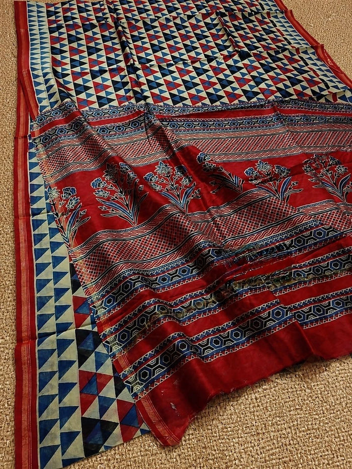 Indiehaat | Chanderi Silk Ajrakh Print Saree Beige