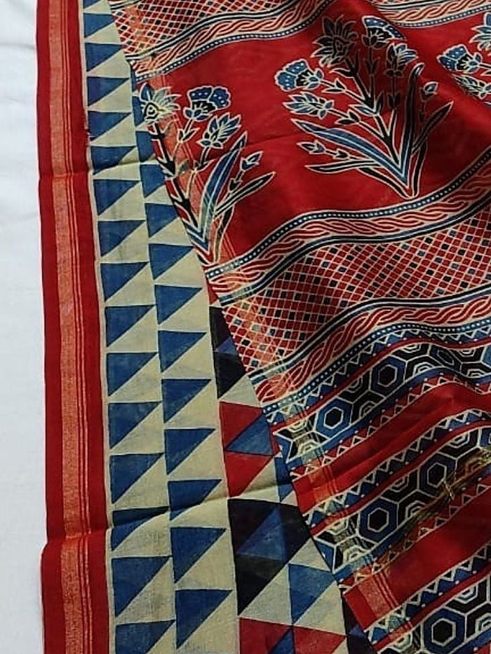 Indiehaat | Chanderi Silk Ajrakh Print Saree Beige
