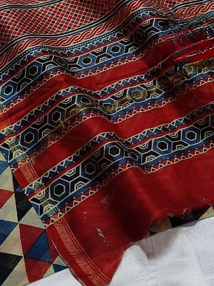 Indiehaat | Chanderi Silk Ajrakh Print Saree Beige